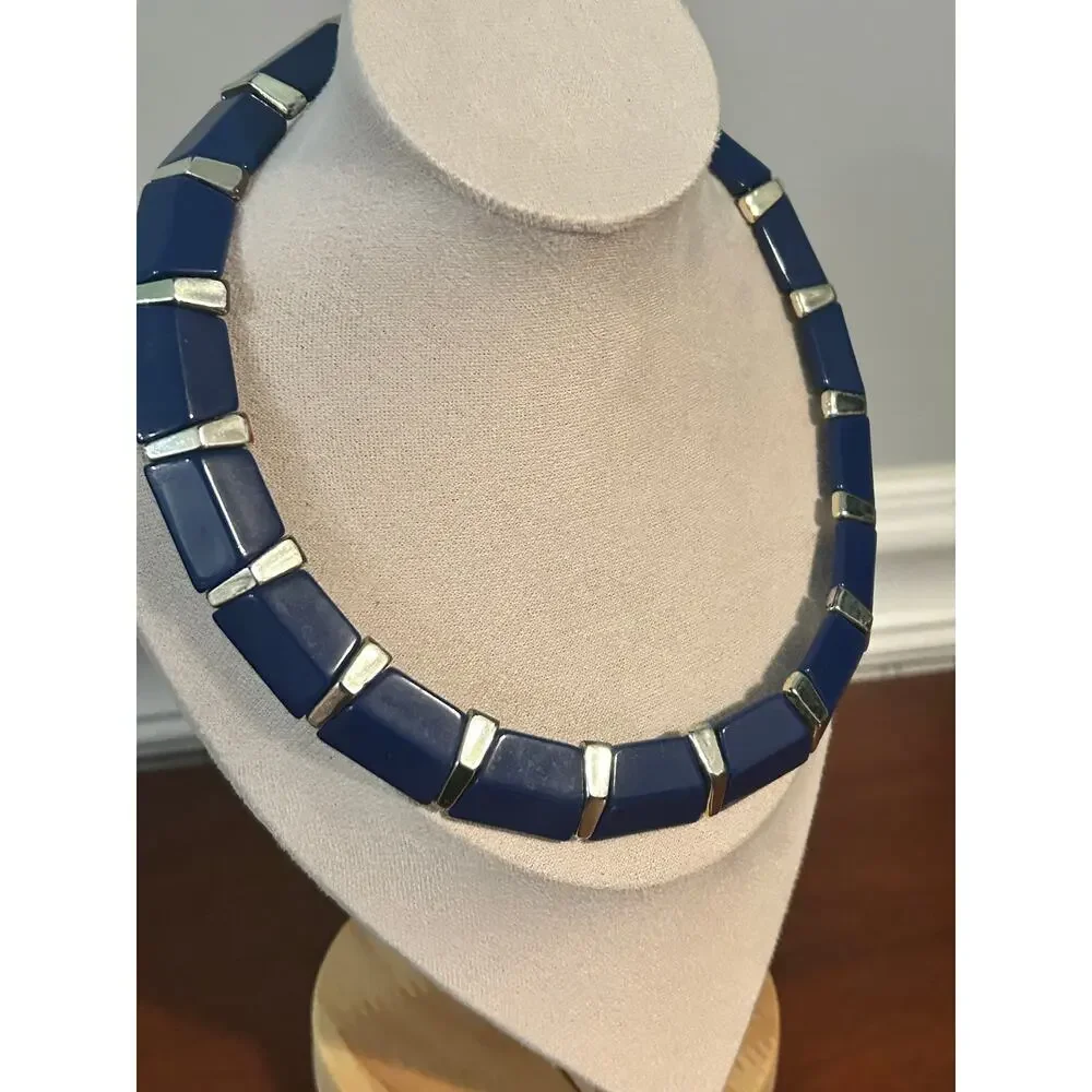 Vintage Cobalt Blue Lucite Panel Collar Necklace Gold Tone Mid Century Retro